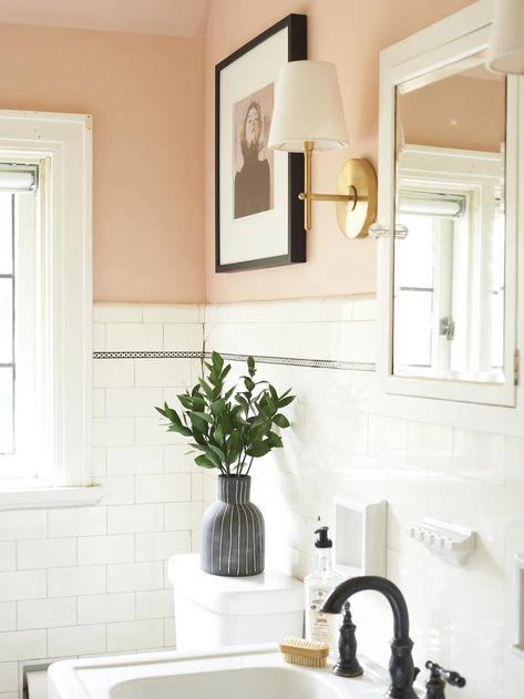 Before and After: The Blush Bathroom Reveal - The Sweet Beast Blush Bathroom, Blush Paint, Candlelit Bath, Peach Bathroom, Tiled Bathroom, White Bathroom Tiles, Vintage Bathrooms, Floral Shower Curtains, Pink Bathroom