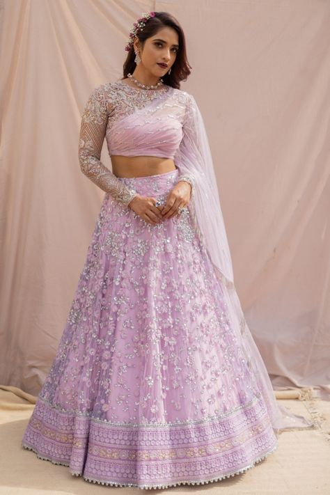 Studio 149 | Fashion Boutique Studio – Chennai Sleeves Design For Lehenga Blouse, Lilac Lengha, Partywear Gowns Indian, Latest Blouse Designs For Lehenga, Stylish Lehenga Designs, Modern Lehenga Designs, Bridal Reception Outfit, Crop Top Dresses, Studio 149