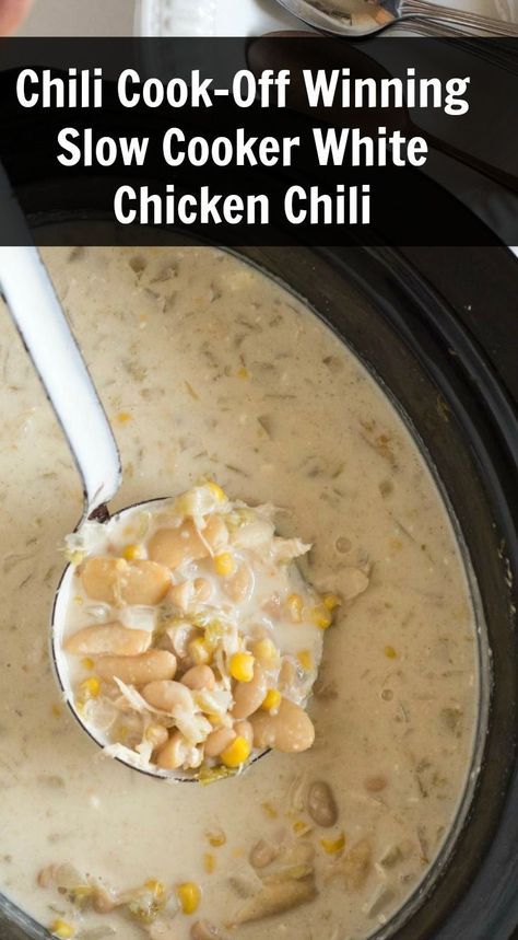 The best creamy slow cooker white chicken chili on the block. This recipe is super easy to make, cooks by itself, and is a chili cook off winner! Chili Cook Off Winner, Best Easy Chili Recipe, Slow Cooker White Chicken Chili, White Chicken Chili Slow Cooker, Chicken Chili Crockpot, Slow Cooker Chicken Chili, Crockpot White Chicken Chili, Crockpot Ideas, White Chili Chicken Recipe