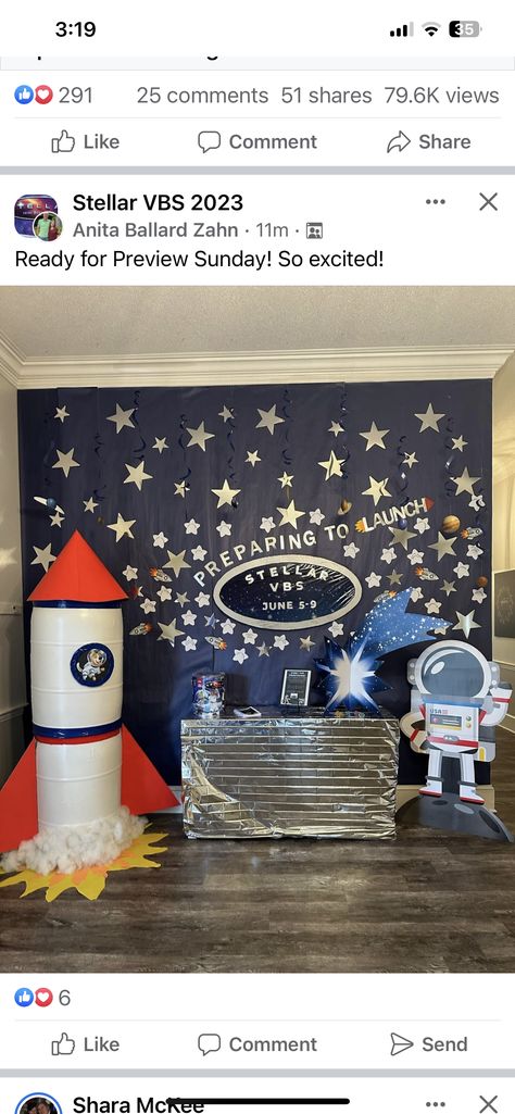 Rocket Ship Decorations Space Party, Vbs Rocket Ship, Space Bible School Ideas, Outer Space Book Fair, Outer Space Graduation Theme, Space Theme Hallway, Space Theme Book Fair, Space Graduation Theme, Stellar Vbs Decorations