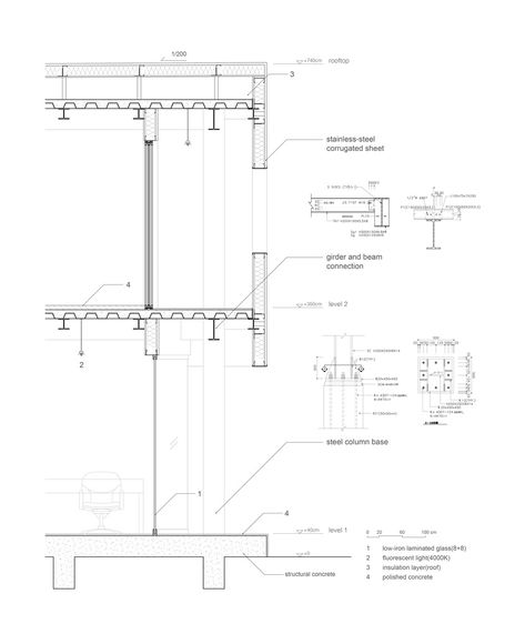 Steel Construction Detail, Steel Structure Section, Interconnected Architecture, Raised Floor Detail, Steel Column Detail, Steel Structure Detail, Detailed Section, Furniture Details Drawing, Construction Details Architecture