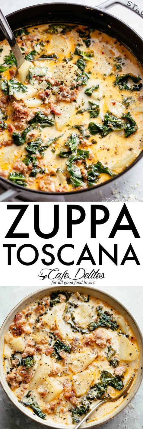 Zuppa Toscana - Cafe Delites Zappa Toscana, Sopa Toscana, Sausage Potato Kale Soup, Olive Garden Soup, Zuppa Toscana Soup Olive Garden, Crockpot Sausage, Olive Garden Soups, Garden Soup, Sausage Kale