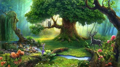 View, Download, Rate, and Comment on this Enchanted Forest Art Forest Drawing, Fairy House Crafts, Forest Backdrops, Magical Tree, Fairy House Diy, Lotus Art, Forest Background, Pichwai Paintings, Forest Illustration