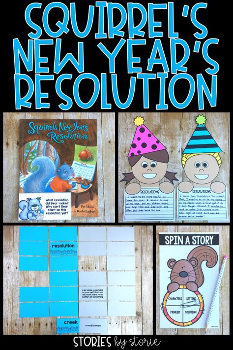 If you're looking to start the new year off with making resolutions and goal setting, you should read Squirrel's New Year's Resolution by Pat Miller. I have a fun resolutions craft and other activities you can pair with this story. New Years Resolution Classroom Activity, New Years Activities For Kindergarteners, Happy New Year Kindergarten Activities., New Years Activities For Kids Classroom, Fun Resolutions, New Years Classroom Activities, Resolution Activities For Kids, New Year Classroom Activities, Squirrels New Years Resolution