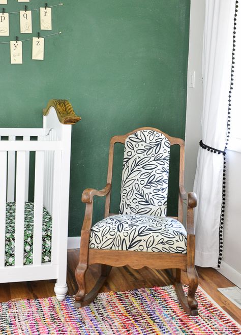 This vintage rocking chair got a much-needed update with stripped wood and a modern black and white fabric - perfect for a modern, yet vintage, nursery! Black Rocking Chair Nursery, Vintage Rocking Chair Nursery, Reupholster Rocking Chair, Chair Reupholster, All Modern Furniture, Rocking Chair Makeover, Restoring Furniture, Chair Nursery, Antique Rocking Chairs