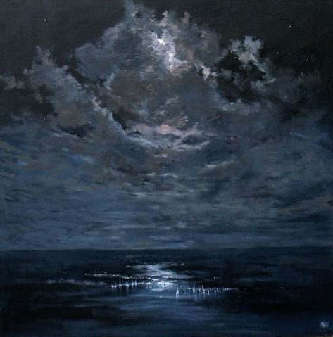 Blue Oil Painting Aesthetic, Dark Ocean Painting, Night Sky Drawing, Ocean At Night, Blue Painting, Old Paintings, Aesthetic Painting, Ethereal Art, Dreamy Art