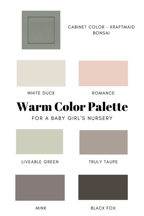 Nursery Design Plan - warm color palette for girl's nursery. It's finally time to get baby girl's nursery underway! Here's my nursery design plan and inspiration, DIY goals, and overall vision for this space. All using budget-friendly items from Lowe's Home Improvement #sponsored #LowesPartner #nursery #nurserydesign Sage Green Baby Room, Dr Bathroom, Green Nursery Girl, Nursery Color Palette, Pink And Green Nursery, Girl Nursery Colors, Nursery Paint, Nursery Design Girl, Nursery Paint Colors