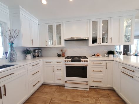 White And Gold Kitchen Cafe Appliances, Ge Cafe Appliances Matte White, White Kitchen Bronze Hardware, Cafe White Appliances In Kitchen, Ge Cafe Matte White Kitchen, Cafe Appliances Matte White, White And Bronze Kitchen, Marble Look Quartz, Sunset Kitchen