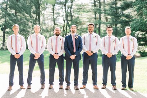 Pink Suspenders And Bow Tie Groomsmen, Navy And Pink Groomsmen, Light Pink And Navy Wedding, Pink Groomsmen, Pants Fall Outfit, Pink And Navy Wedding, Navy Wedding Ideas, Pastel Pink Wedding, Sleeping Beauty Wedding