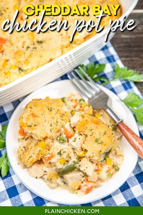 Cheddar Bay Chicken Pot Pie Casserole Recipe - comfort food at its best! This delicious dish combines tender chicken and mixed veggies in a rich, creamy sauce, all topped with golden Cheddar Bay biscuits. Perfect for cozy family dinners, it's packed with savory flavors that will have everyone asking for seconds. Easy to make and incredibly satisfying, this pot pie is a must-try! Chicken Pot Pie Rotisserie Chicken Easy, How To Cook Chicken For Casseroles, Cracked Chicken Soup With Cheddar Bay Biscuit Topping, Chicken Pot Pie Recipe Casseroles, Dishes With Rotisserie Chicken, Cheddar Bay Biscuit Chicken Pot Pie, Supper Ideas Chicken, The Cozy Cook Recipes, One Pot Chicken Meals