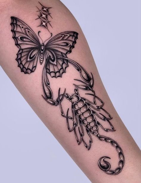 Butterfly and scorpion Scorpion Tattoos, Horoscope Tattoos, Hand Tattoos For Girls, Scorpio Tattoo, Scorpion Tattoo, Zodiac Tattoos, Tatuaje A Color, Tattoo Style Drawings, Butterfly Tattoo Designs