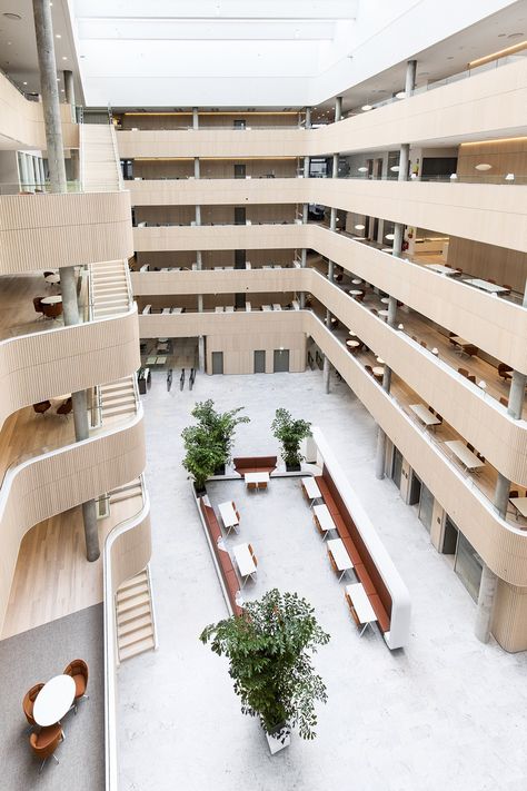 Atrium at Maersk’s offices in Copenhagen School Atrium Design, Atrium Office Design, Atrium Floor Plan, Office Atrium Design, Atrium Interior Design, Office Atrium, Atrium Architecture, Transport Logistics, Atrium Design