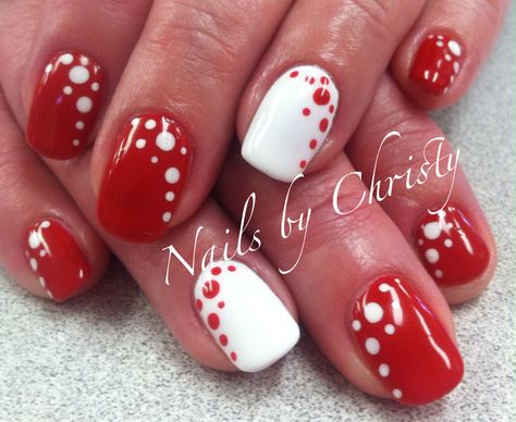 Red White Polka Dot Shellac Nails By Christy @ Mane Tamers Mishawaka Red Nails With White Polka Dots, Red Nails With White Dots, Red And White Polka Dot Nails, Red Nails With Dots, Christmas Polka Dot Nails, White Gel Nails With Design, Red Polka Dot Nails, Cute Shellac Nails, Red And White Nail Art