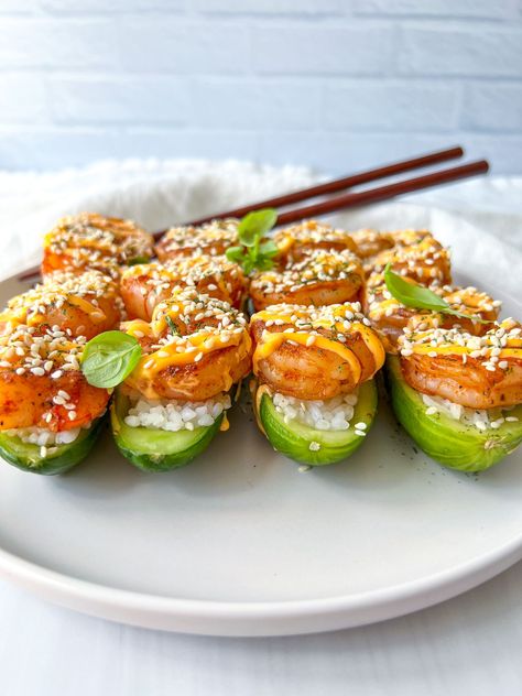 Cucumber Shrimp Sushi Boats with Spicy Mayo Sushi Boats, Cucumber Shrimp, Viral Cucumber, The Modern Nonna, Modern Nonna, Shrimp Boats, Cucumber Sushi, Shrimp Sushi, Sushi Boat