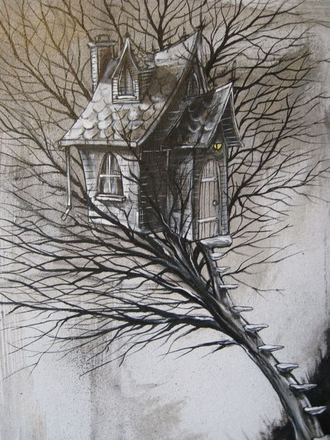 "Haunted Treehouse" Haunted Treehouse, Hunted House, House Tree, Mixed Media On Canvas, Halloween Stuff, Fantasy Fairy, House Hunting, Mixed Media Canvas, Tree House