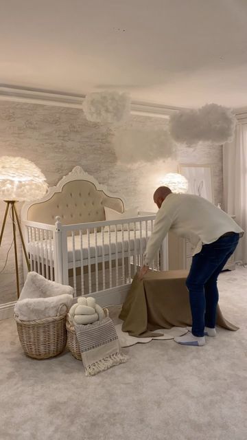 Stormi Webster Nursery Room, Dreamy Nursery Girl, Nursery With Clouds, Dreamy Set Design, Heaven Themed Nursery, Nursery Clouds Theme, Boho Cloud Nursery, Clouds In Nursery, Cloud Baby Nursery