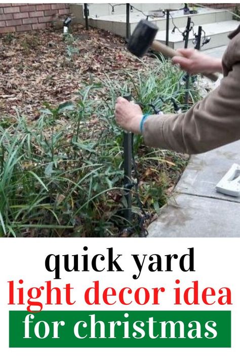 Easy Yard Christmas Decorations, Dyi Christmas Yard Art, Outdoor Bush Christmas Decorations, Simple Diy Outdoor Christmas Decorations, Christmas Walkway Ideas Diy, Simple Christmas Yard Decor, Christmas Lights On Shrubs, Outdoor Christmas Decor On A Budget, Christmas Solar Lights Ideas Outdoor