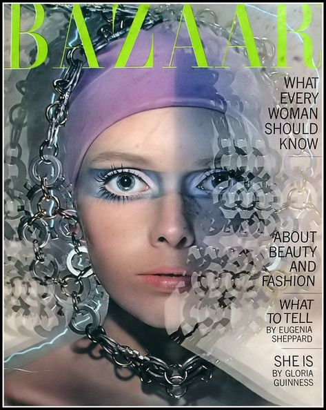 Stephanie Farrow (Mia's sister) on the cover, photo by Hir… | Flickr Hiro Photographer, Retro Futurism Fashion, 60s Space Age, 1960s Space Age, Space Age Fashion, Extraordinary Fashion, Futurism Fashion, Patti Hansen, Space Makeup