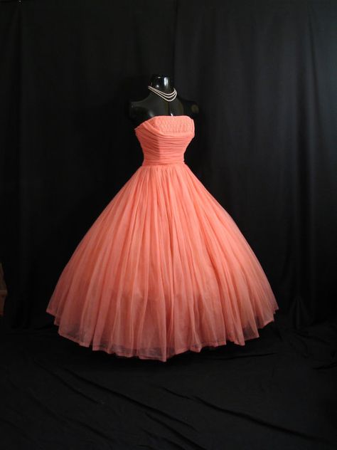 RESERVED Vintage 1950's 50s Coral Salmon Peach by VintageVortex, $399.99 50s Gown, 1950s Pink Vintage Wedding Dress, Pink 1950s Style Formal Dress, 1950s Style Pink Wedding Dress, 1950s Style Pink Party Vintage Dress, 1950s Pink Evening Dress, Pearls Dress, 1950s Prom, Tulle Pink