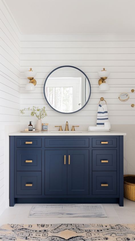 navy blue bathroom vanity Bathroom Ideas Navy Vanity, Bathroom Blue Vanity Ideas, Bathroom With Light Blue Vanity, Dark Blue Vanity Bathroom, Navy Bathroom Vanity, Blue Vanity Bathroom Ideas, Navy And White Bathroom, Navy Blue Bathroom, Bathroom Cabinet Colors