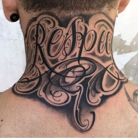 Tatuaje en cuello parte de atras ✞ Respect Tattoo, Art Chicano, Best Neck Tattoos, Chicano Tattoos Sleeve, Tattoo Lettering Design, Chicano Lettering, Tattoo Lettering Styles, Lettering Letters, Freehand Drawing