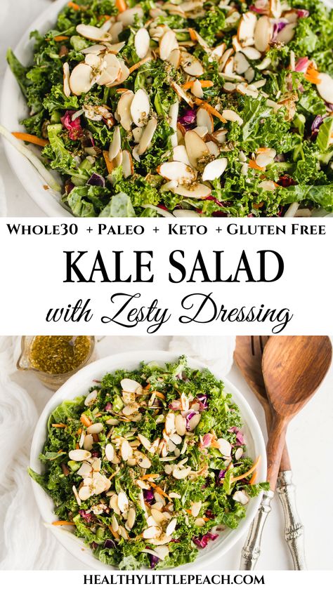 Whole 30 Side Salad, Kale Salad Recipes Keto, Whole30 Salad Recipes, Paleo Kale Salad, Cheap Side Dishes, Whole30 Salad, Whole 30 Salads, Peach Healthy, Almond Salad