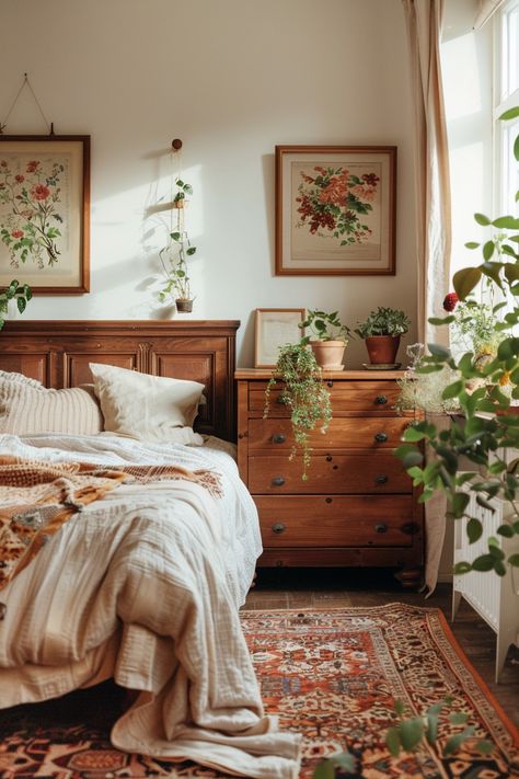 Bedroom Ideas Cherry Wood Furniture, Cottagecore Primary Bedroom, Cottage Inspo Interior Design, Vintage Interior Design Bedroom, Cottage Core Master Bed, Boho Cottagecore Bedroom, Bedframe Aesthetic, Light Cottagecore Aesthetic, Country Modern Bedroom