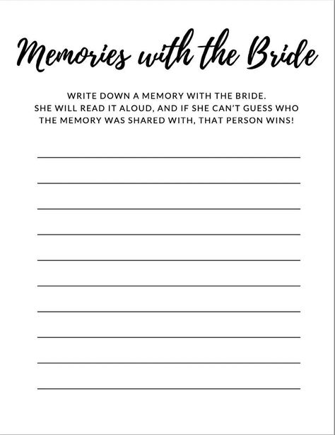 A fun bridal shower game where guests write their favorite memories with the bride, and the bride guesses who wrote each memory down! Perfect for any bridal shower/wedding event or occasion. Purchase for digital copy to print however many copies needed for your occasion! Whose Memory Bridal Shower Game, Bridal Shower Memory Game, Bridal Party Game Ideas, Diy Bridal Shower Games, Diy Bachelorette, Bridal Shower Games Funny, Wedding Games For Guests, Bridal Party Games, Bride Game