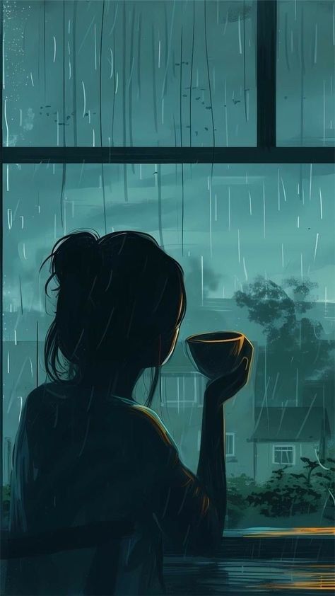 Rainy Drawing Aesthetic, Raining Wallpaper Aesthetic, Rainy Forest Painting, Raining Pictures, Rainy Drawing, Rainy Illustration, Rain Digital Art, Rainy Day Illustration, Rain Aesthetic Wallpaper