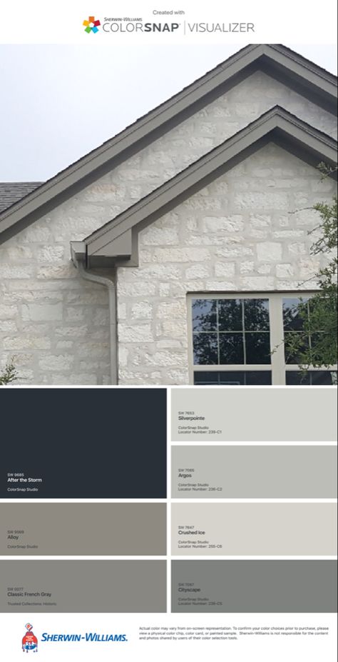 Grey Stone Homes Exterior, Exterior House Colors With White Stone, White Brick House Gray Trim, Stone Color House Exterior, Painting Stone House Exterior, Light Grey Stone Exterior, White Grey Stone Exterior, Charcoal Stone Exterior, Cream And Gray House Exterior