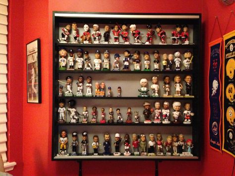 Bobblehead Cabinet | Flickr - Photo Sharing! Bobblehead Display Ideas, Bobblehead Display, Family Cave, Classy Man Cave, Wall Display Case, Memorabilia Display, Cork Ideas, Patterned Tile Backsplash, Collection Displays