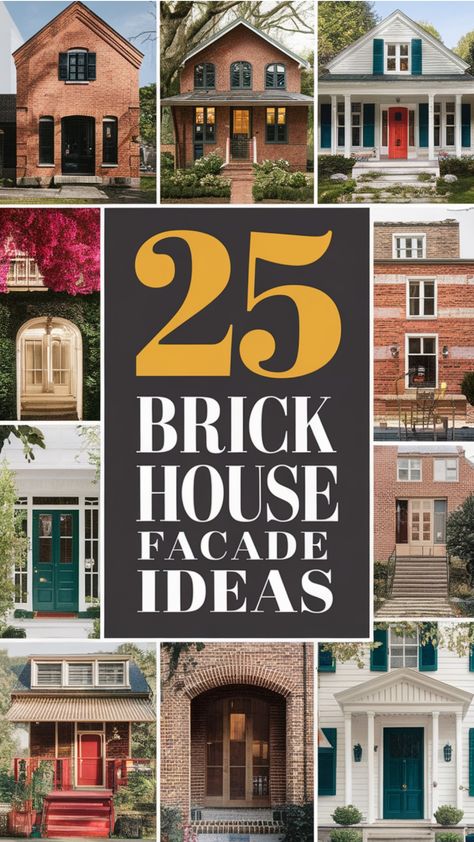 Collage of 10 different brick house facades with various door colors and styles surrounding the text "25 Brick House Facade Ideas". Modern Red Brick House, Brick House Facade, Modern White Brick House, Modern Brick House Exterior, Facade Design Ideas, House Facade Design, White Brick House, Brick House Colors, House Facade Ideas