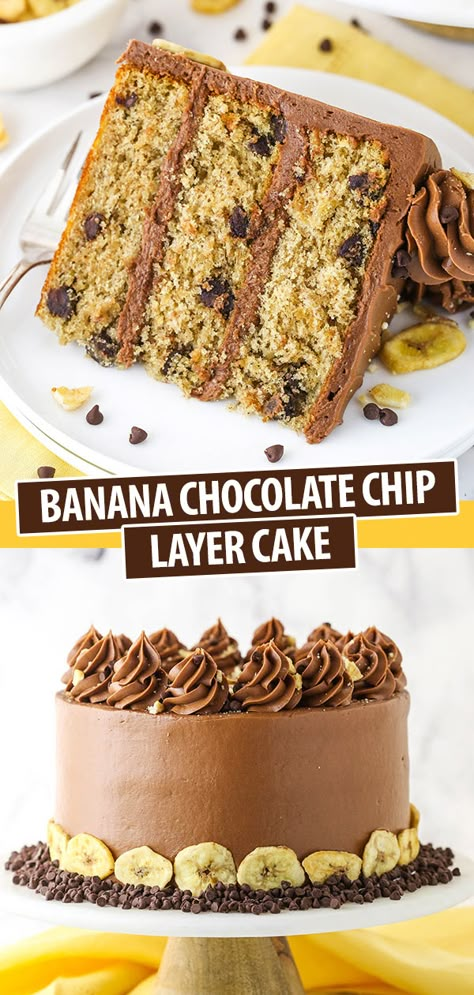 Chocolate Chip Cake Recipe Easy, Cake Recipe Easy Homemade, Cocoa Frosting, Three Layer Cake, Banana Chocolate Chip Cake, Chocolate Chip Cake Recipe, Moist Banana Cake, Homemade Chocolate Frosting, Chocolate Banana Cake