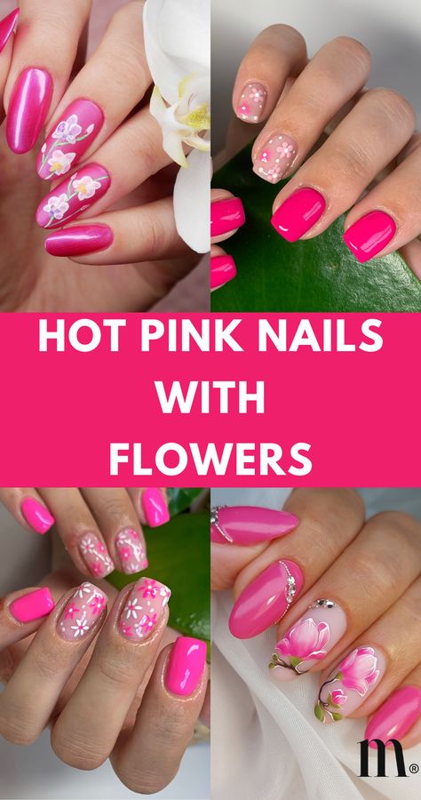 Embrace hot pink nails with flowers for a chic look. Explore designs featuring cute accents, glitter, and gems. Save to your Nail Art board and get more ideas from our article! Very Short Pink Nails Designs, Hot Pink Nails With White Flowers, Fuchsia Nail Designs, Pink Nail Designs With Flowers, Pink Nail Designs Flowers, Hot Pink Vacation Nails, Stylish Nails Pink, Hot Pink Nails With Flowers, Pink Floral Nail Designs