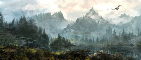 Sociolatte: Skyrim landscape by Zhou Shuo Skyrim Art Landscapes, Skyrim Landscape, Skyrim Concept Art, Skyrim Wallpaper, Skyrim Art, Rubeus Hagrid, Landscaping Inspiration, Elder Scrolls V Skyrim, The Elder Scrolls