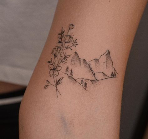 Loading... Fine Line Tattoo Ideas Mountain, Simple Yosemite Tattoo, Mountain And Flower Tattoo Simple, Flowers And Mountains Tattoo, Mountains With Flowers Tattoo, Wildflower Mountain Tattoo, Simple Nature Tattoos For Women, Mountain With Flowers Tattoo, Hiking Trail Tattoo