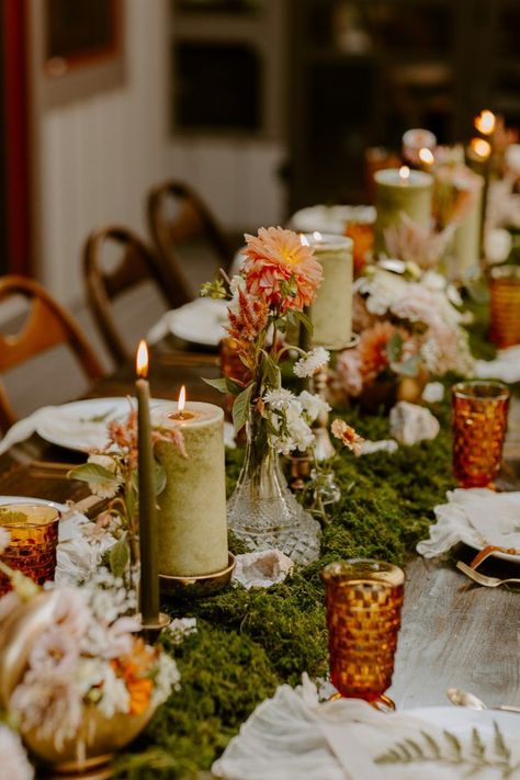 Green Velvet Tablescape, Moss Wedding Decor Forest Theme, Vintage Decor Party, Mossy Wedding Centerpiece, Ethereal Wedding Centerpieces, Moss Wedding Table Decor, Moss Table Runner Wedding, Whimsical Wedding Tablescape, Moss Table Wedding