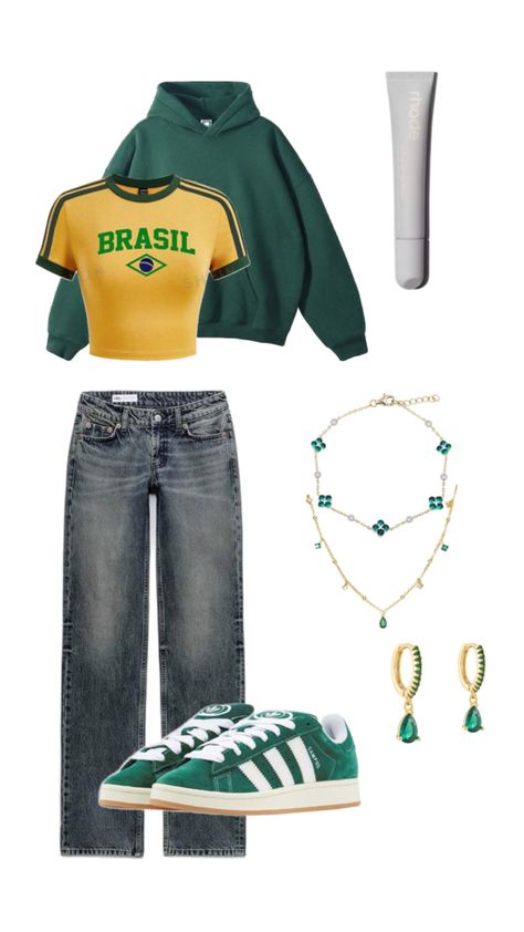 Adidas campus in green, Zara jeans, Rhode lip peptide treatment How To Style Green Jeans, Green Top Outfit Ideas, Dark Green Outfit Aesthetic, Green Concert Outfit, Green And Black Outfits, Green Top Outfit, Green Outfits For Women, Green Outfits, Outfit Layout