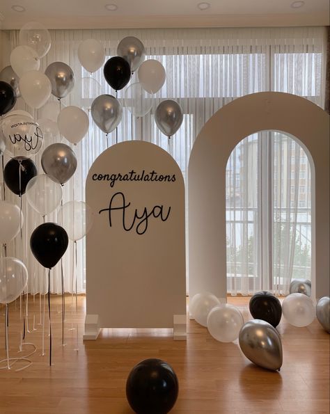 White and black graduation party / girls graduation party / helium balloons / graduates 22 Indoor Graduation Party, Outdoor Organization, Event Organization, Balloon Garland, Graduation Party, Balloons, Ceiling Lights, Make It Yourself, Birthday