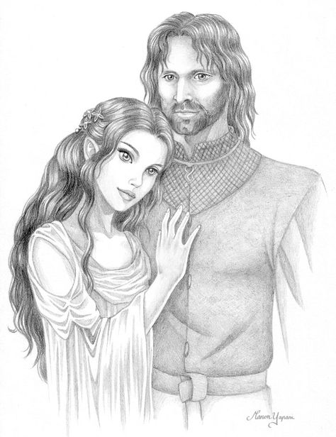 Arwen and Aragorn by *manony Arwen Fanart, Arwen And Aragorn, The Hobbit Characters, Aragorn And Arwen, Couple Artwork, Elven Princess, Realistic Pencil Drawings, Lee Pace, Character Sketches