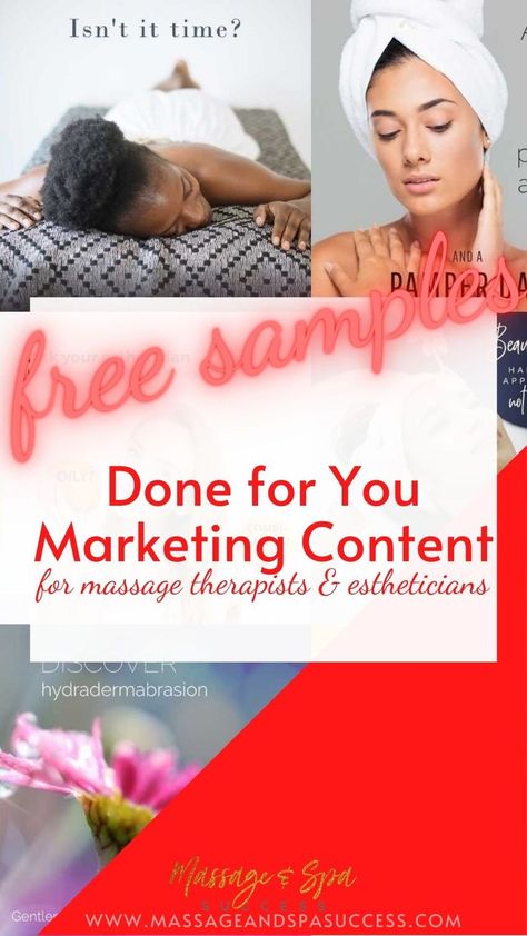 Get your free samples of massage and spa marketing content. Quote Images Blog/Newsletter Articles Social Media Posts Client Handouts and more! #massagetherapist #massagetherapybusiness #massagebusiness #esthetician #estheticianbusiness #massagemarketing #spamarketing #marketingcontent #spamarketingcontent #massagemarketingcontent Spa Content, Esthetician Ideas, Therapist Resources, Massage Marketing, Leadership Traits, Massage Therapy Business, Spa Marketing, Esthetician Marketing, Freebies By Mail