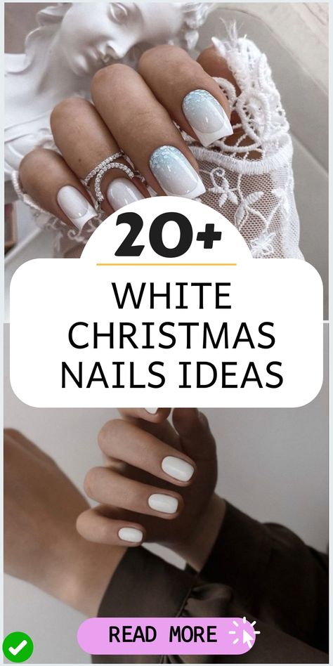 Celebrate the winter season with stunning white Christmas nails! Elevate your manicure with elegant designs inspired by freshly fallen snow. From chic white and silver patterns to delicate snowflake motifs and sparkly glitter accents, these nail art ideas will bring a touch of winter wonderland charm to your fingertips. Channel the beauty of Christmas with a palette of pure white elegance on your nails. Holiday White Nails Christmas, White Nails Holiday, White Nails With Snowflake Design, Sparkly White Christmas Nails, Snowflake Manicure Ideas, Elegant White Nail Designs, White January Nails, Christmas Nails Neutral Colors, Shimmer White Nails