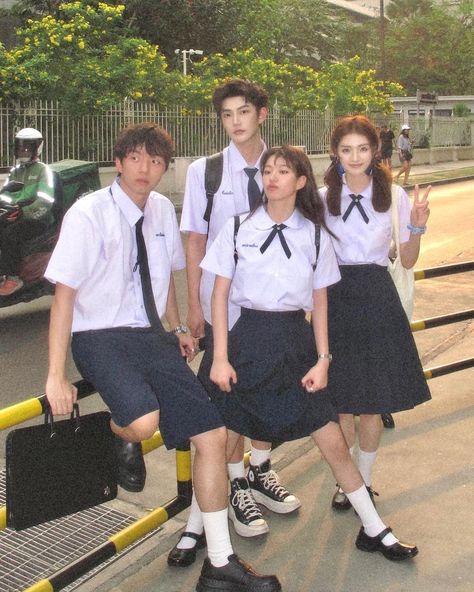 Thai School Aesthetic, Group Pose Reference 4 People, Thailand School Uniform, School Uniform Photoshoot, Thai School Uniform, Group Pose Reference, Thai Uniform, School Uniform Fashion, Grad Pics