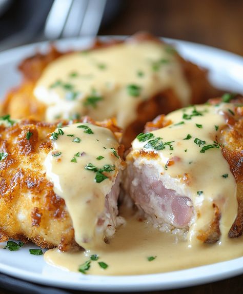 Creamy Chicken Cordon Bleu Recipe - simplerecipee.com Chicken Cordon Bleu Recipe, Chicken Rolls, Chicken Cordon, Chicken Cordon Bleu, Breaded Chicken, Ham And Cheese, Creamy Chicken, Creamy Sauce, Dijon Mustard