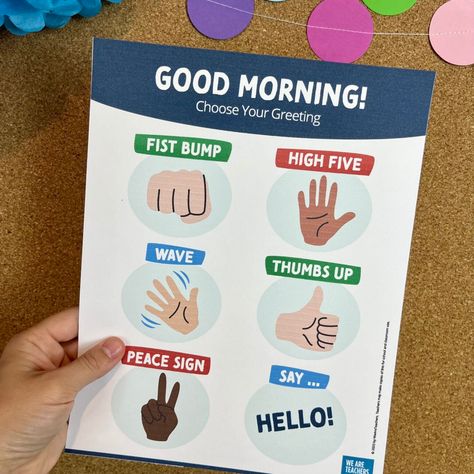 Learning Activities For Preschool, Greetings For Teachers, Classroom Hand Signals, Behavior Reflection, Emotions Preschool, Class Labels, Greeting Sign, Greeting Poster, Welcome Students