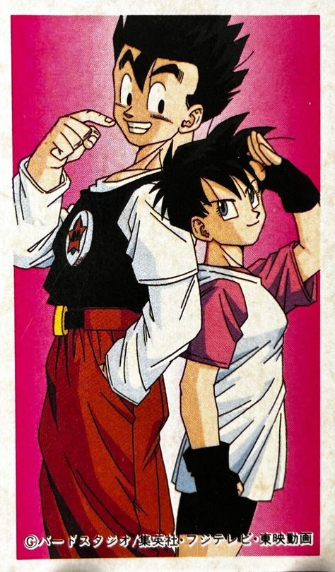 Videl And Gohan Fanart, Gohan Long Hair, Gohan And Videl Matching Pfps, Dragon Ball Official Art, Saiyaman Gohan, Gohan X Videl Fanart, Dbz Fashion, Videl Dbz Icons, Gohan And Vidal