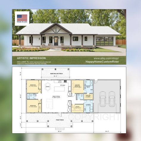 Harvest Farmstead Modern House Open Plan Design 84 X 30 3 Bed 2.5 Bath 2 Car Drawings Blueprints - Etsy Open Plan Design, Property Ideas, House Hacks, Cottage Floor Plans, Farmhouse Floor Plans, Barn Style House Plans, 4 Bedroom House Plans, Plans House, Barndominium Floor Plans