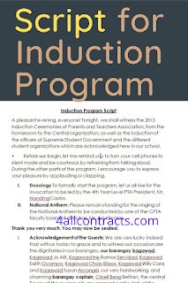 Download this example of Script for Induction Program in word format. This script may help in emceeing an induction program of PTA and other Co-Curricular Clubs in schools. Honors Society Induction, Parent Orientation, Room Rental Agreement, Cleaning Contracts, Tarpaulin Design, Ceremony Script, Wedding Photography Contract, National Honor Society, Induction Ceremony