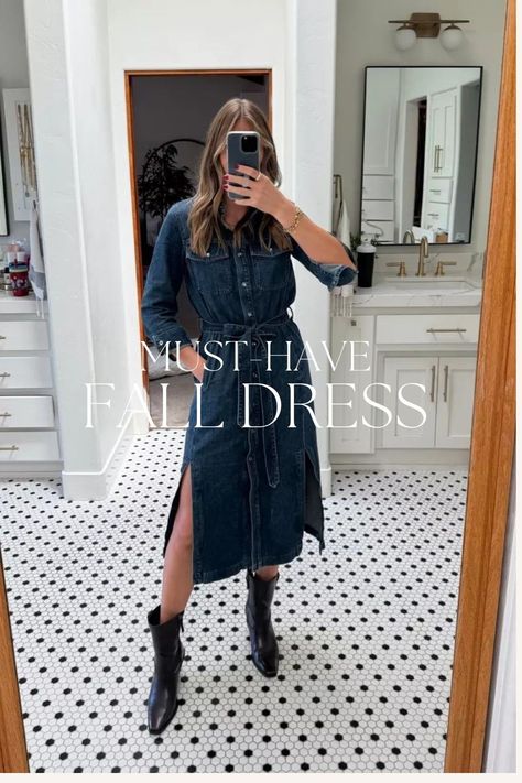 Embracing all the classic fall vibes in my favorite fall dress for an easy and elevated look. I love an all denim look paired with western boots. Tap to shop and bring this fashion inspo to life! Boots Dress Outfit, Dress Outfit Fall, Boots Dress, Fall Dress Outfit, Fall Dress, Outfit Fall, Cold Weather Outfits, Madewell Dresses, Fall Winter Outfits