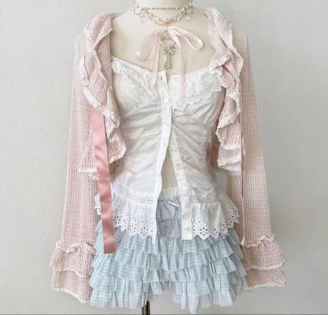 #shojo #aesthetic #fashion #outfit #coquette Himejaki Outfits, Himekaji Outfits Summer, Kawaii Fashion Outfits Casual, Himekaji Outfits, Baby Blue Color, Bloomers Shorts, Lace Cami Top, Kawaii Fashion Outfits, Knitted Romper